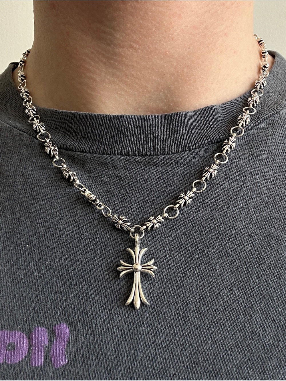 Silver Cross Pendant Necklace with Decorative Link Chain - Silver
